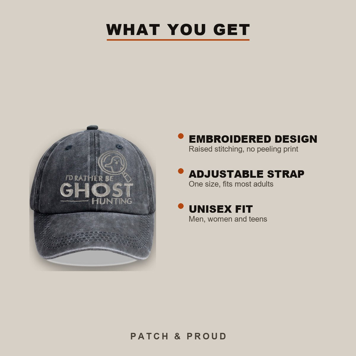 I'd Rather Be Ghost Hunting Embroidered Cap - features and fit