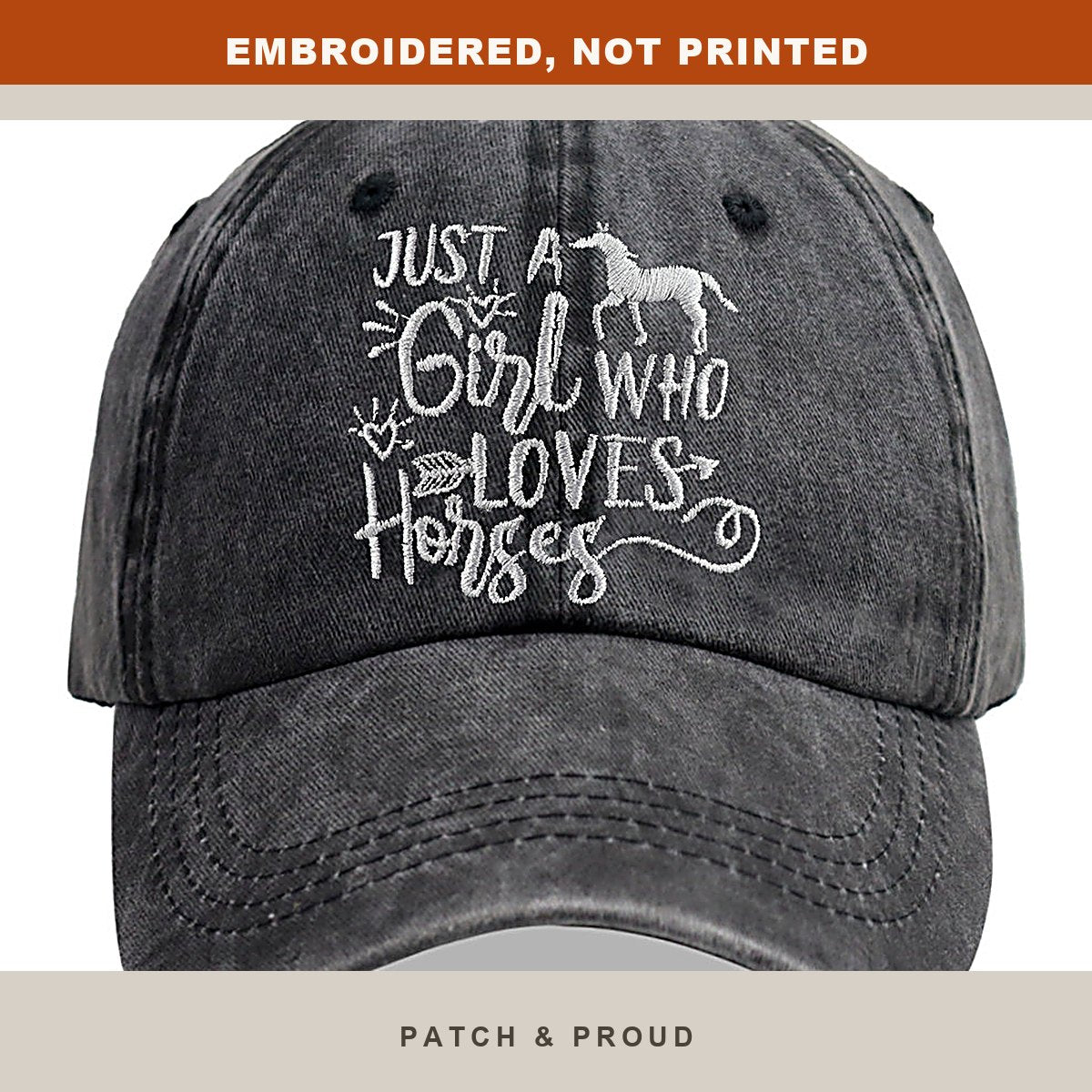 Just A Girl Who Loves Horses Embroidered Cap - close-up of the front design