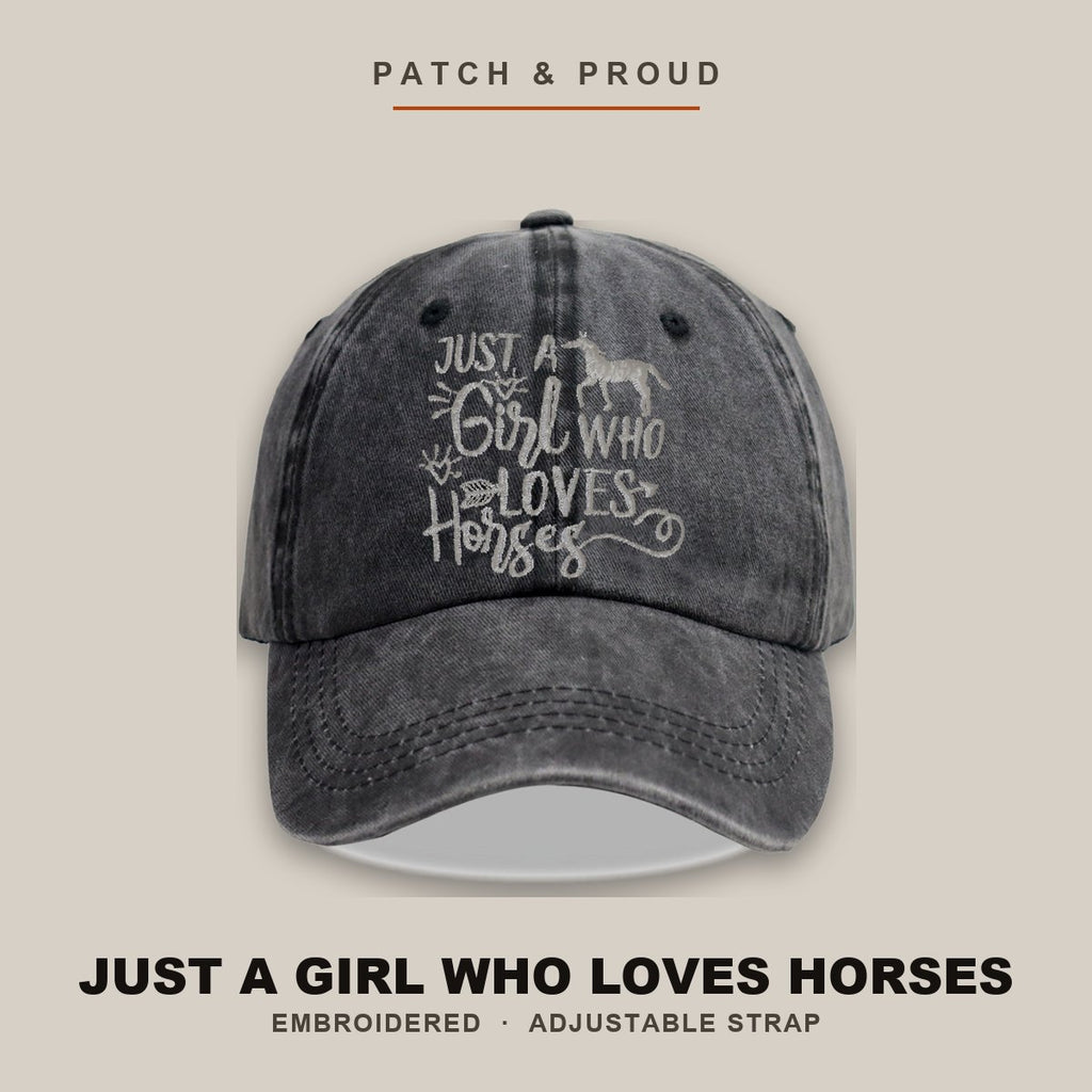 Just A Girl Who Loves Horses Embroidered Cap - shown on a canvas backdrop