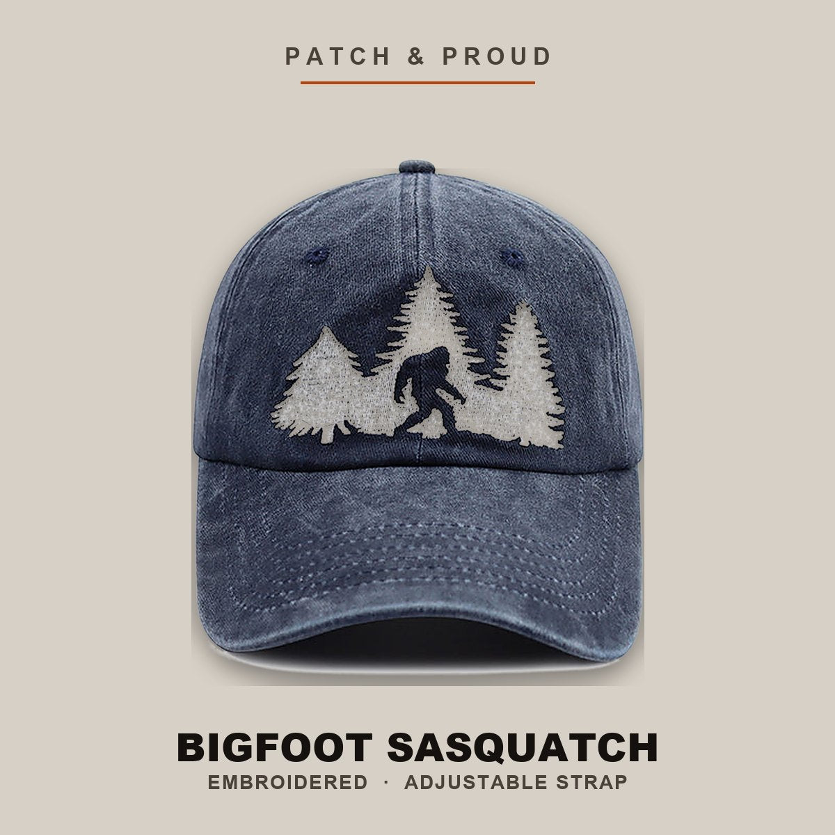 Bigfoot Sasquatch Embroidered Cap - Navy - shown on a canvas backdrop