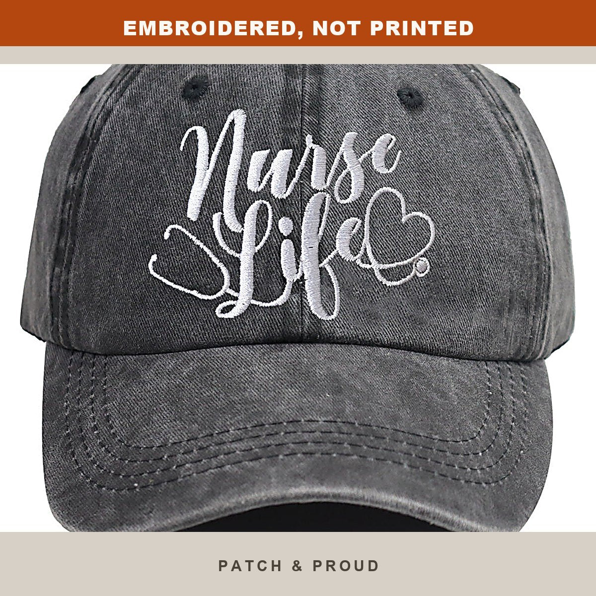 Nurse Life Embroidered Cap - close-up of the front design