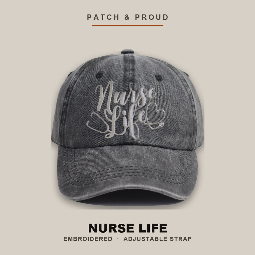 Nurse Life Embroidered Cap - shown on a canvas backdrop