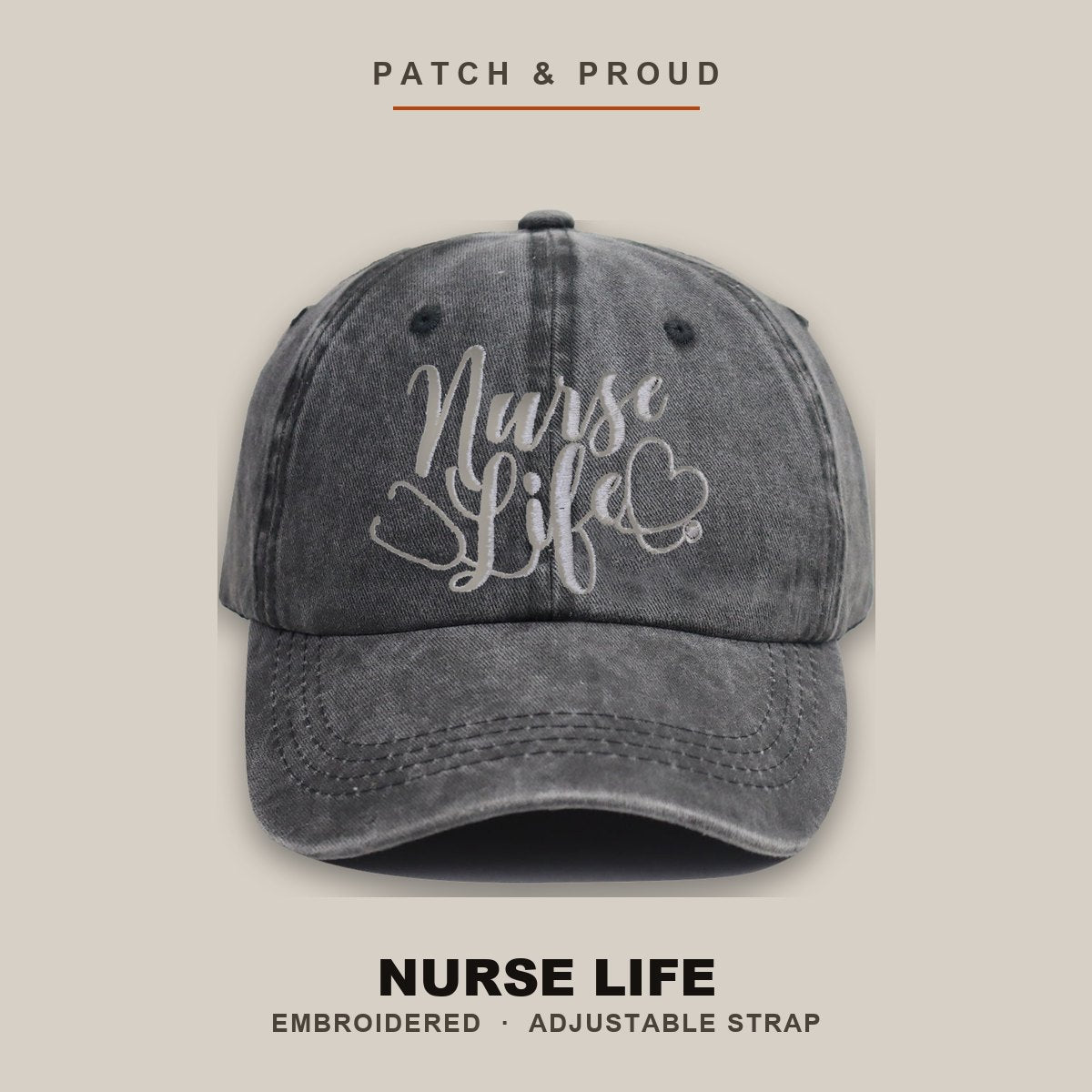 Nurse Life Embroidered Cap - shown on a canvas backdrop