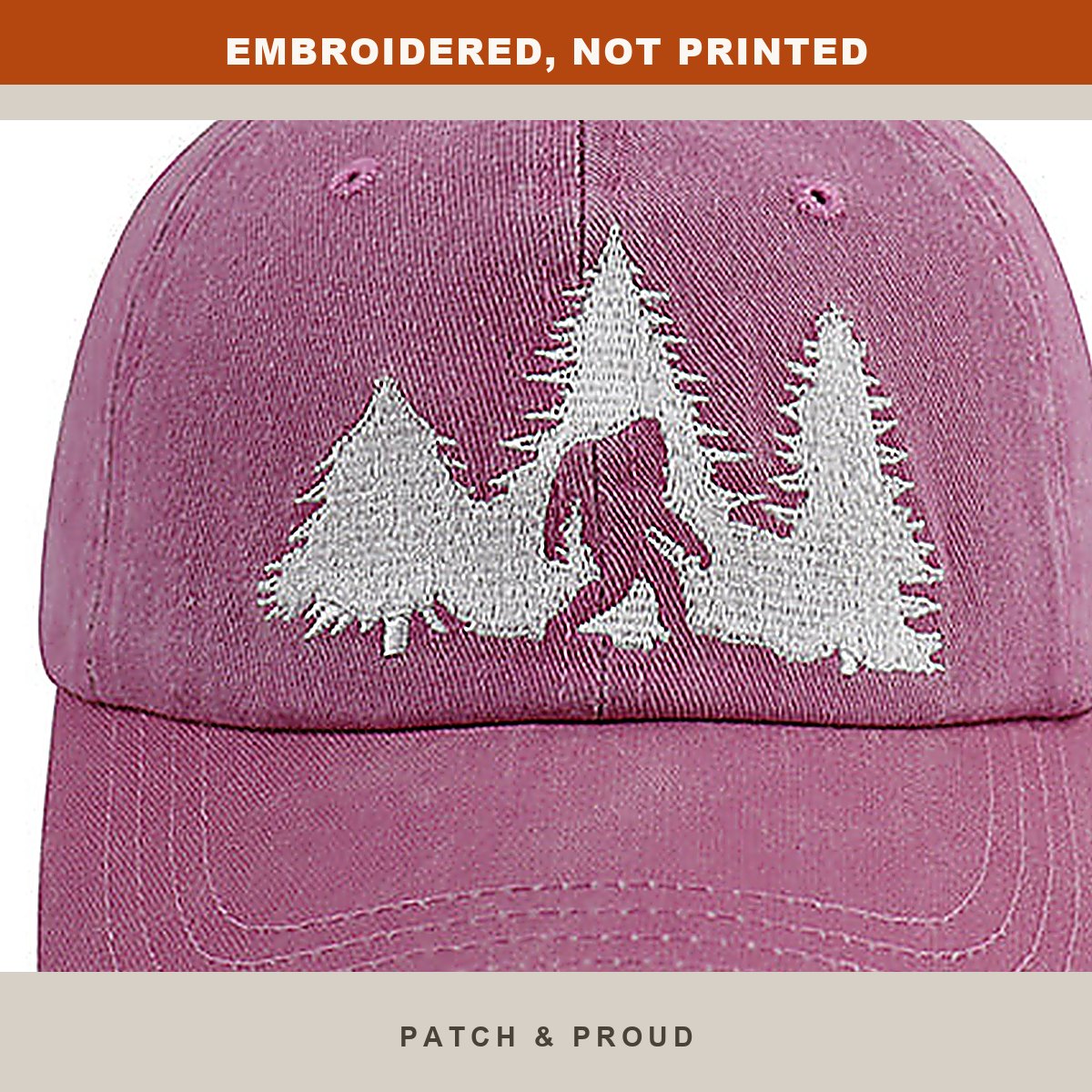 Bigfoot Sasquatch Embroidered Cap - Pink - close-up of the front design