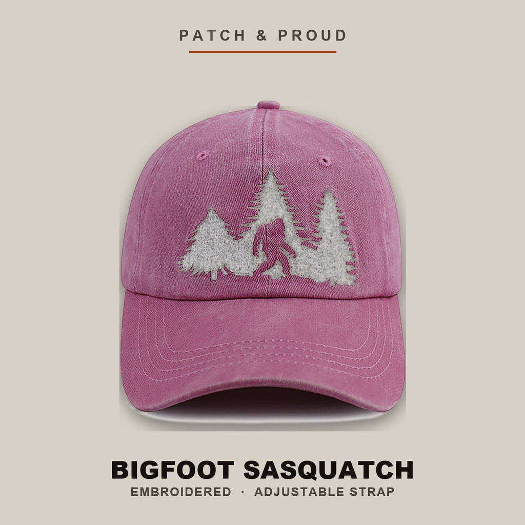 Bigfoot Sasquatch Embroidered Cap - Pink - shown on a canvas backdrop