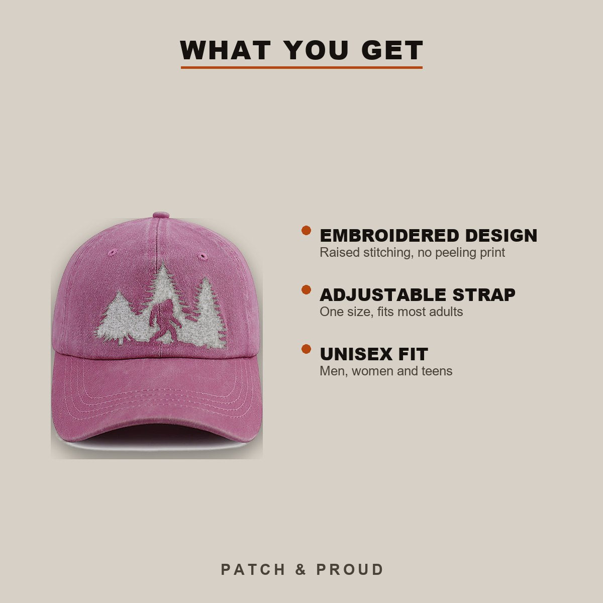 Bigfoot Sasquatch Embroidered Cap - Pink - features and fit