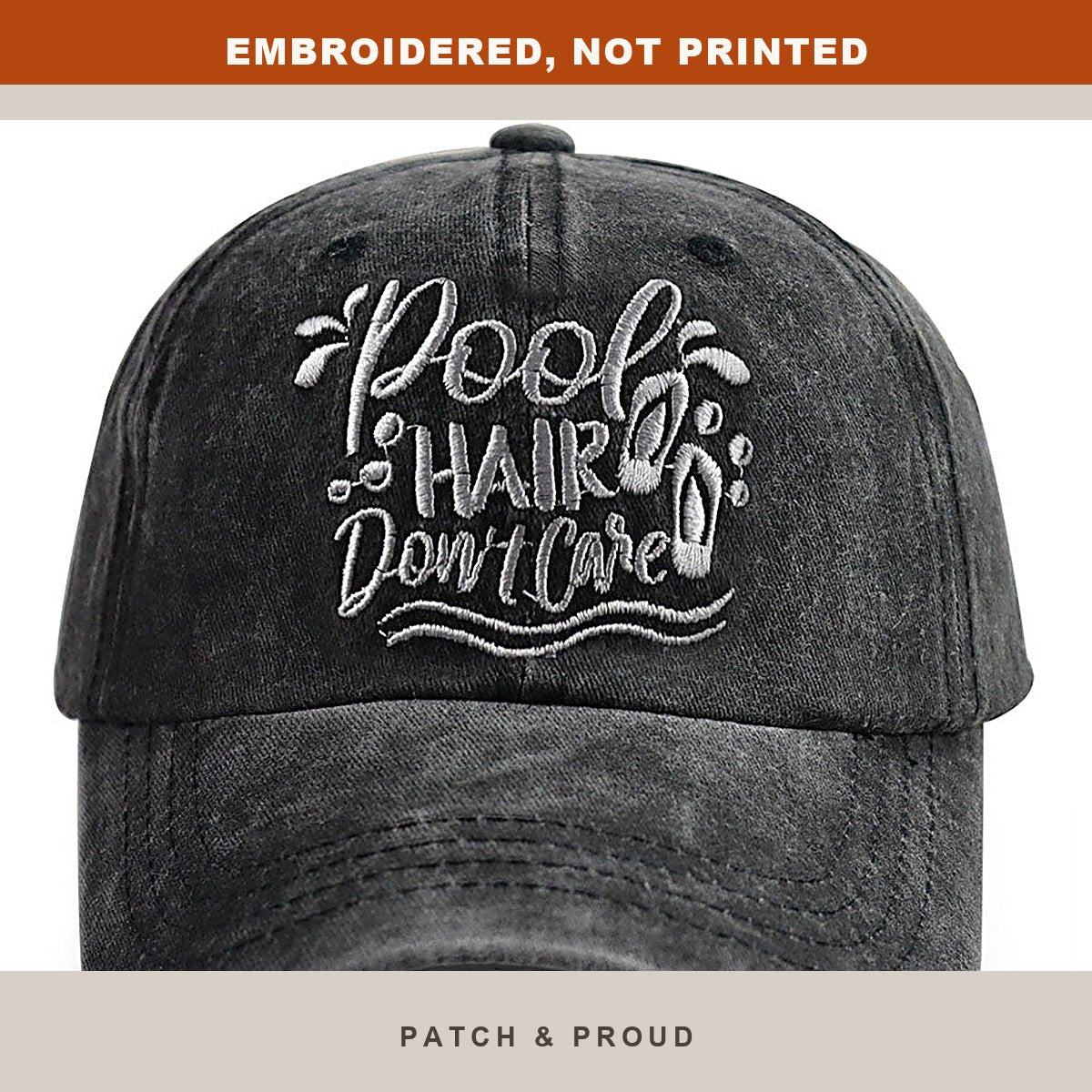 Pool Hair Don't Care Embroidered Cap - close-up of the front design