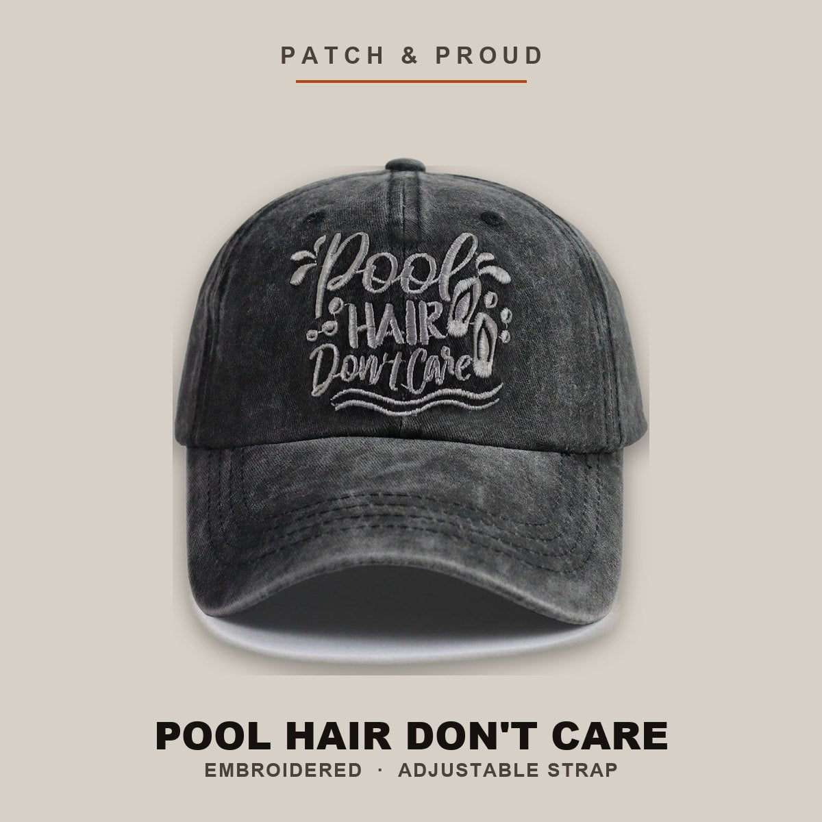 Pool Hair Don't Care Embroidered Cap - shown on a canvas backdrop