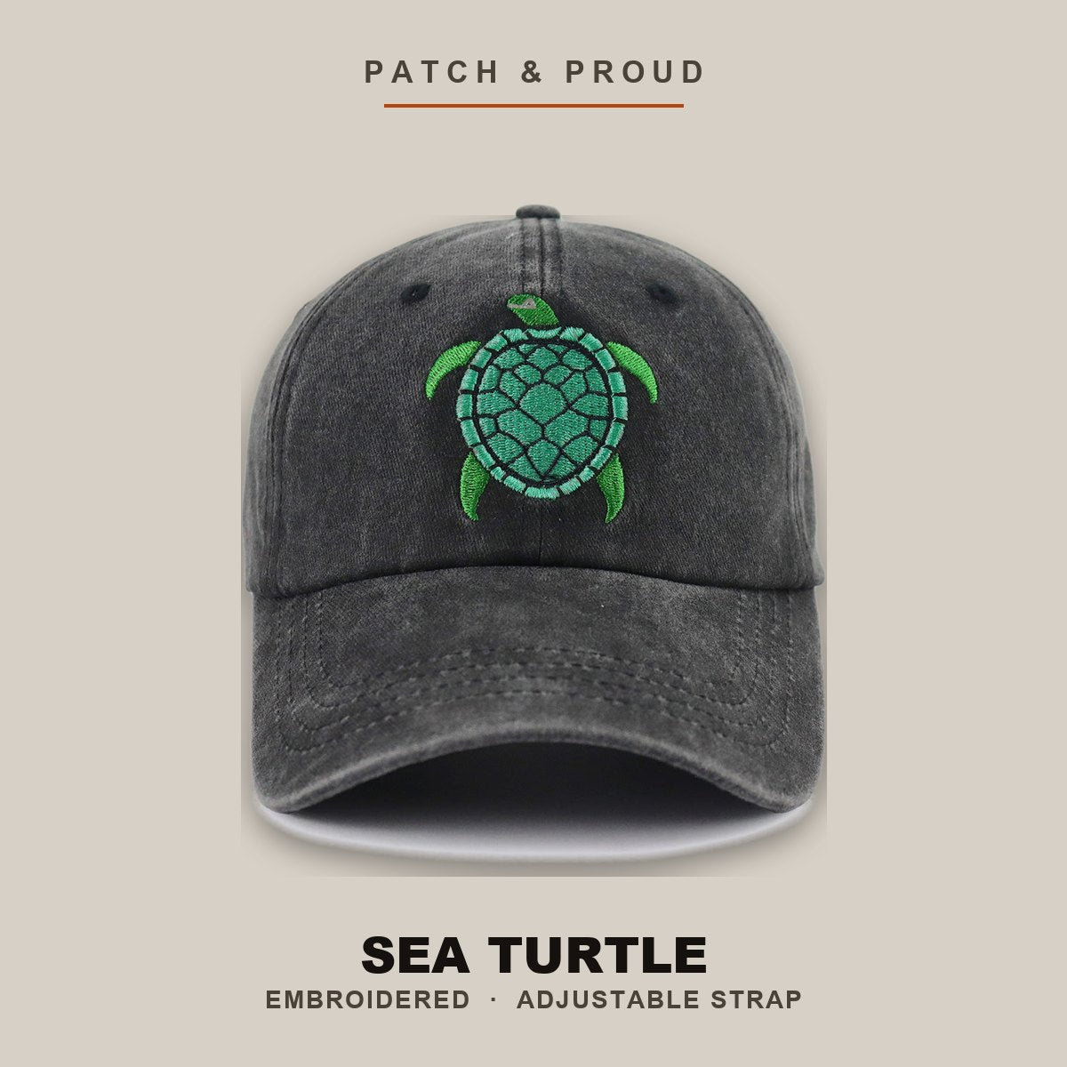 Sea Turtle Embroidered Cap - shown on a canvas backdrop