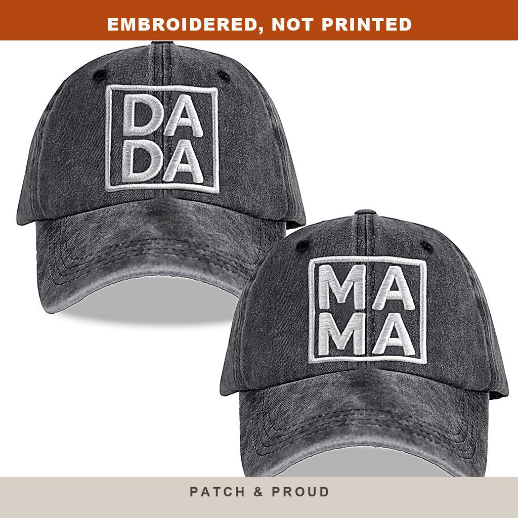 Dada and Mama Matching Caps - Set of 2 - close-up of the front design