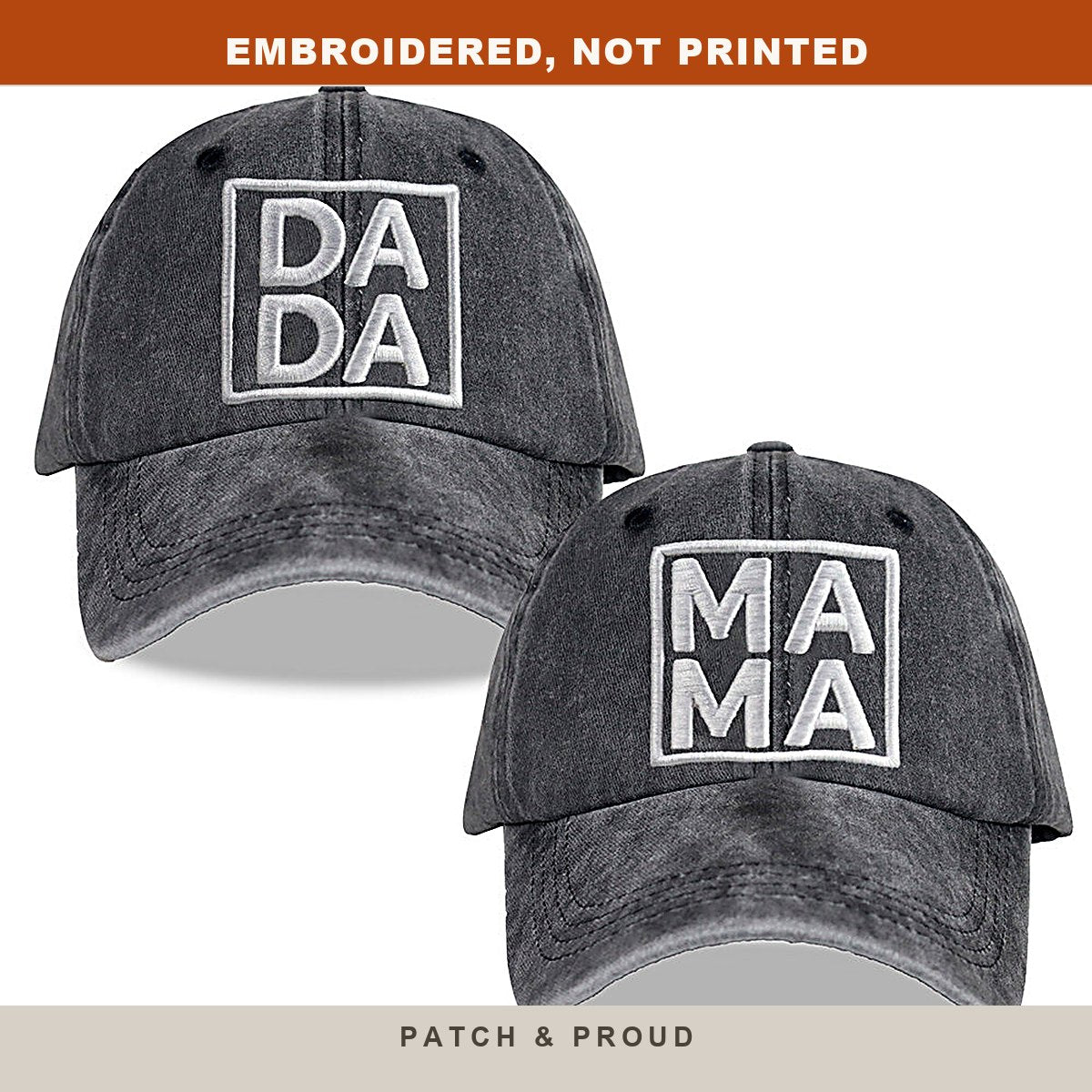 Dada and Mama Matching Caps - Set of 2 - close-up of the front design