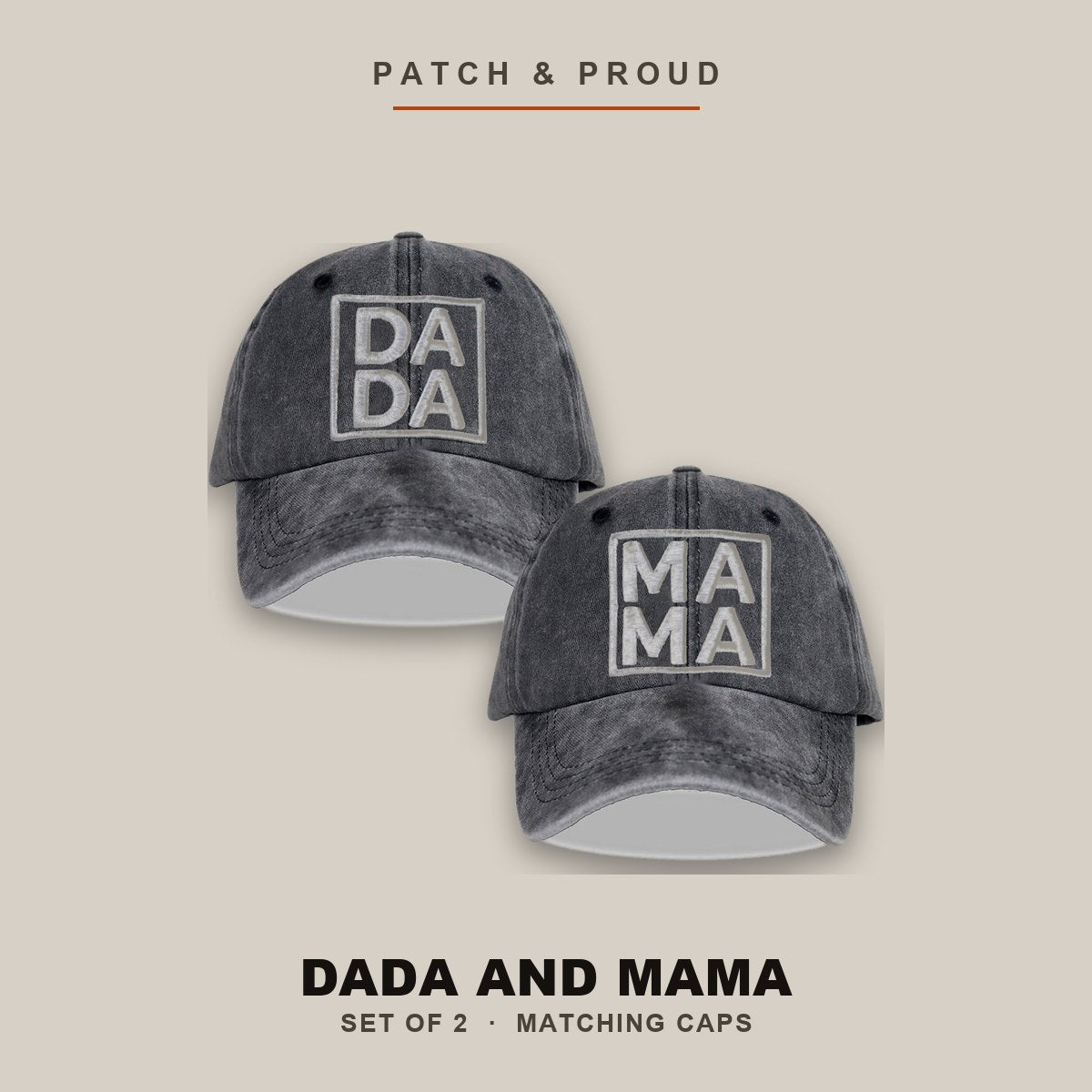 Dada and Mama Matching Caps - Set of 2 - shown on a canvas backdrop