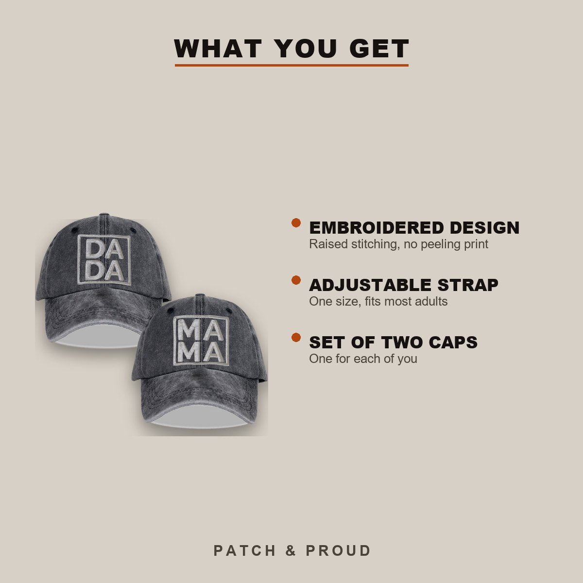 Dada and Mama Matching Caps - Set of 2 - features and fit