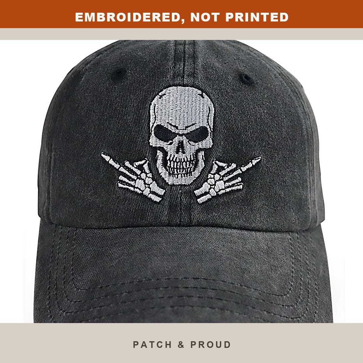 Skull Embroidered Cap - Black - close-up of the front design