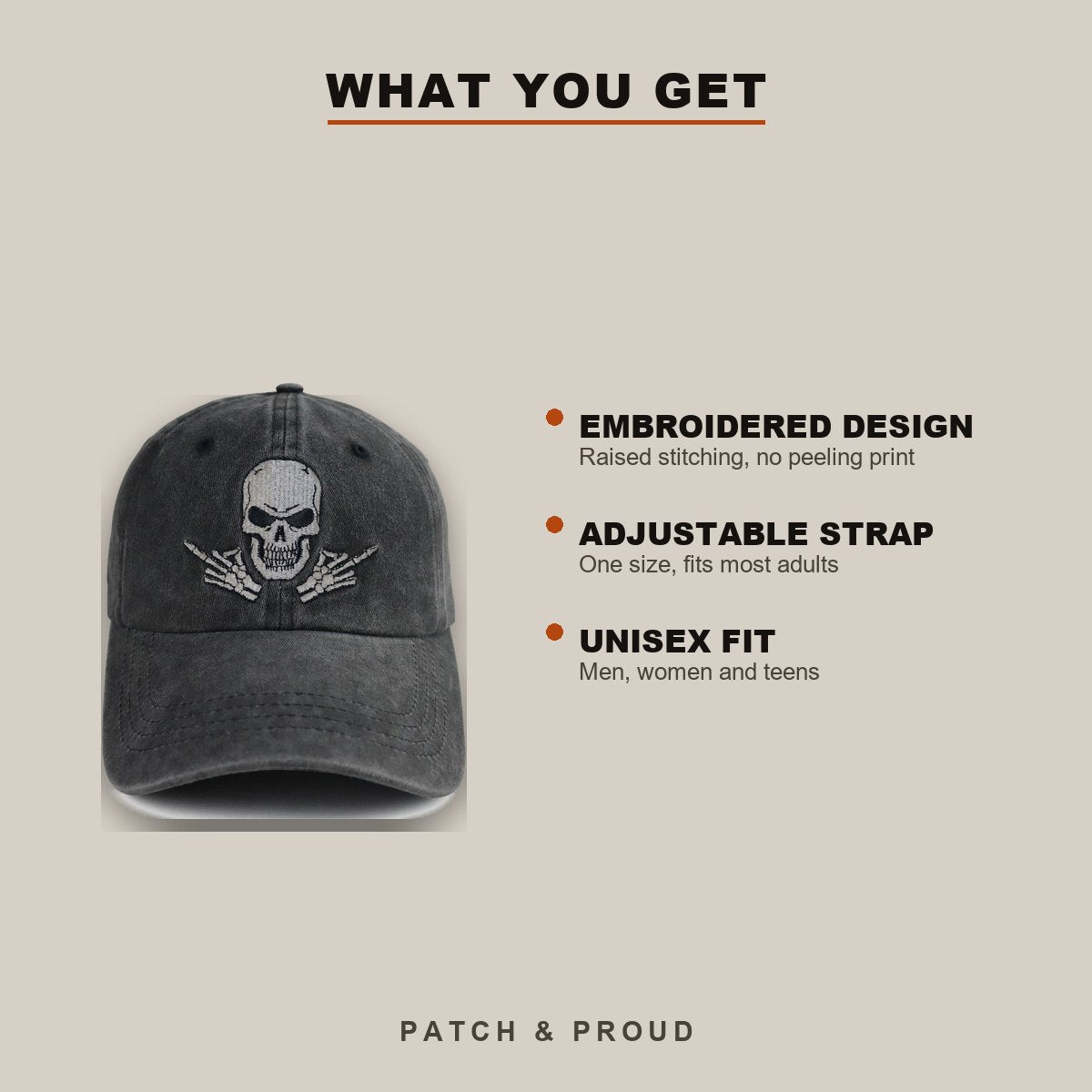Skull Embroidered Cap - Black - features and fit