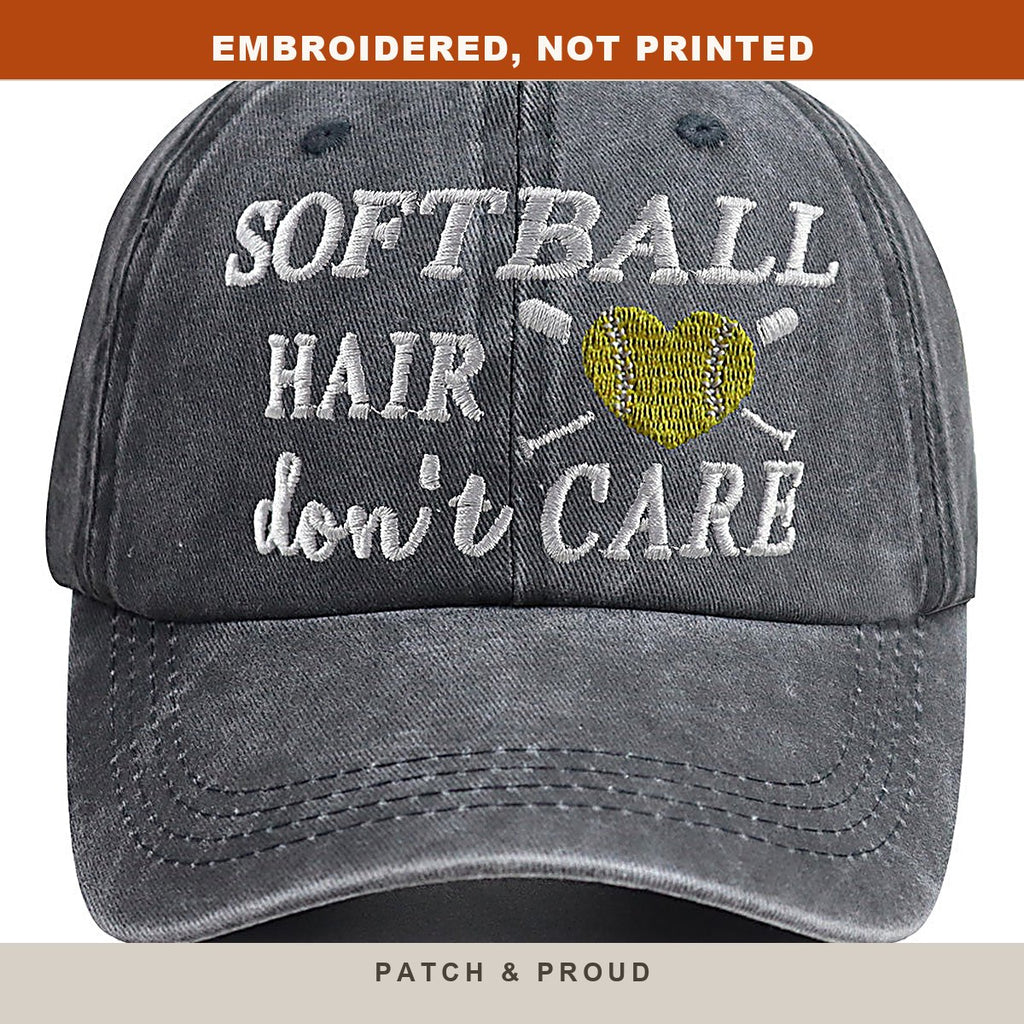 Softball Hair Don't Care Embroidered Cap - close-up of the front design