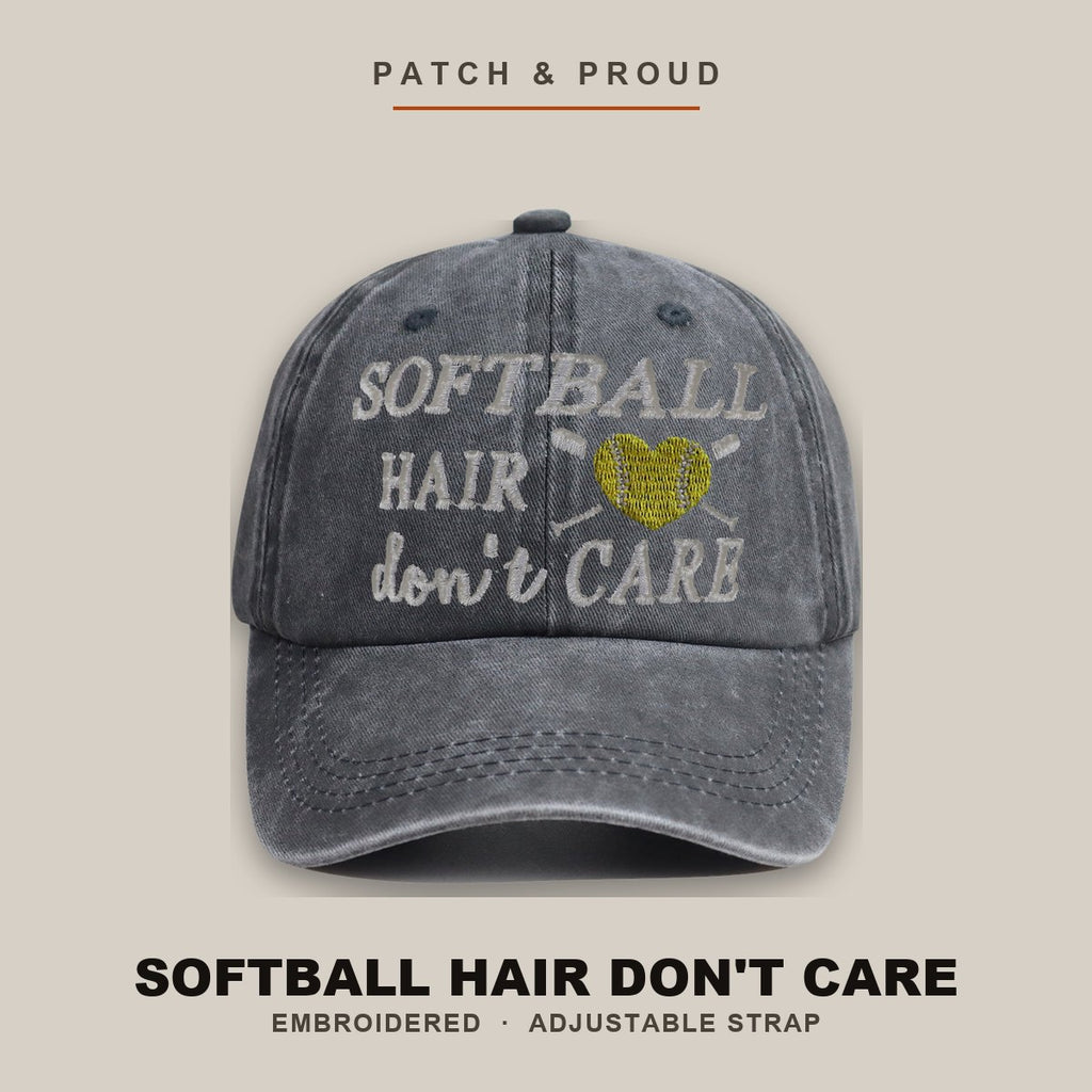 Softball Hair Don't Care Embroidered Cap - shown on a canvas backdrop