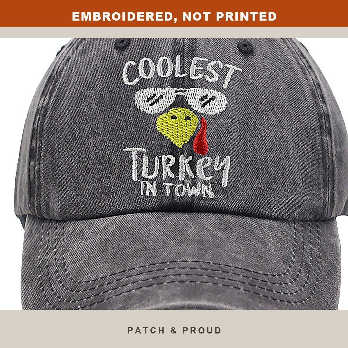 Gobble Turkey Thanksgiving Embroidered Cap - close-up of the front design