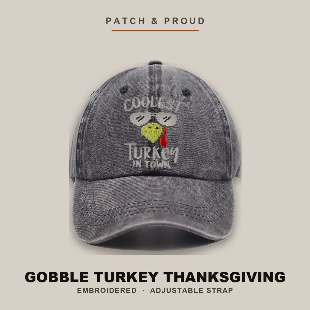Gobble Turkey Thanksgiving Embroidered Cap - shown on a canvas backdrop