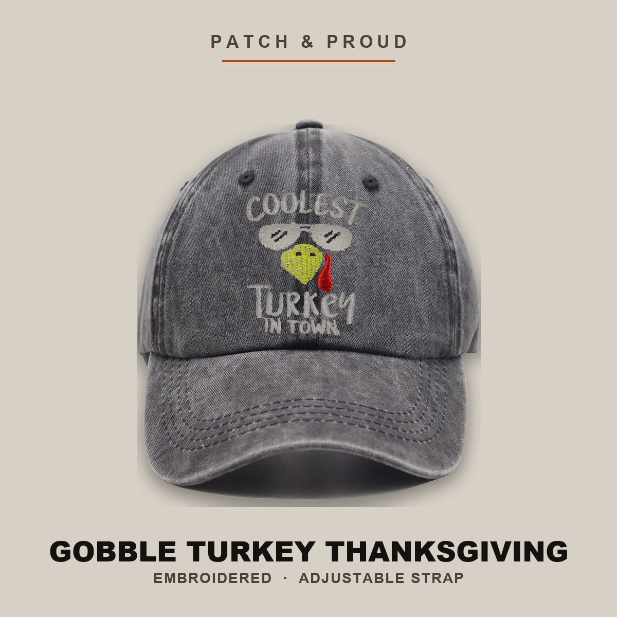 Gobble Turkey Thanksgiving Embroidered Cap - shown on a canvas backdrop