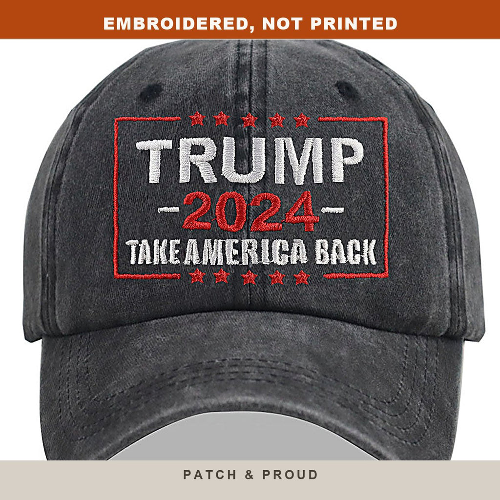 Trump 2024 Take America Back Embroidered Cap - Black - close-up of the front design