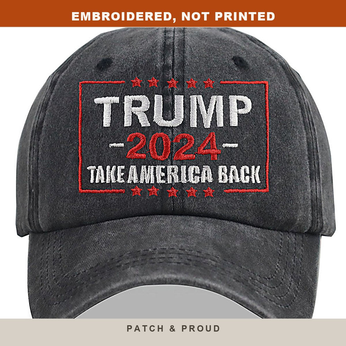 Trump 2024 Take America Back Embroidered Cap - Black - close-up of the front design