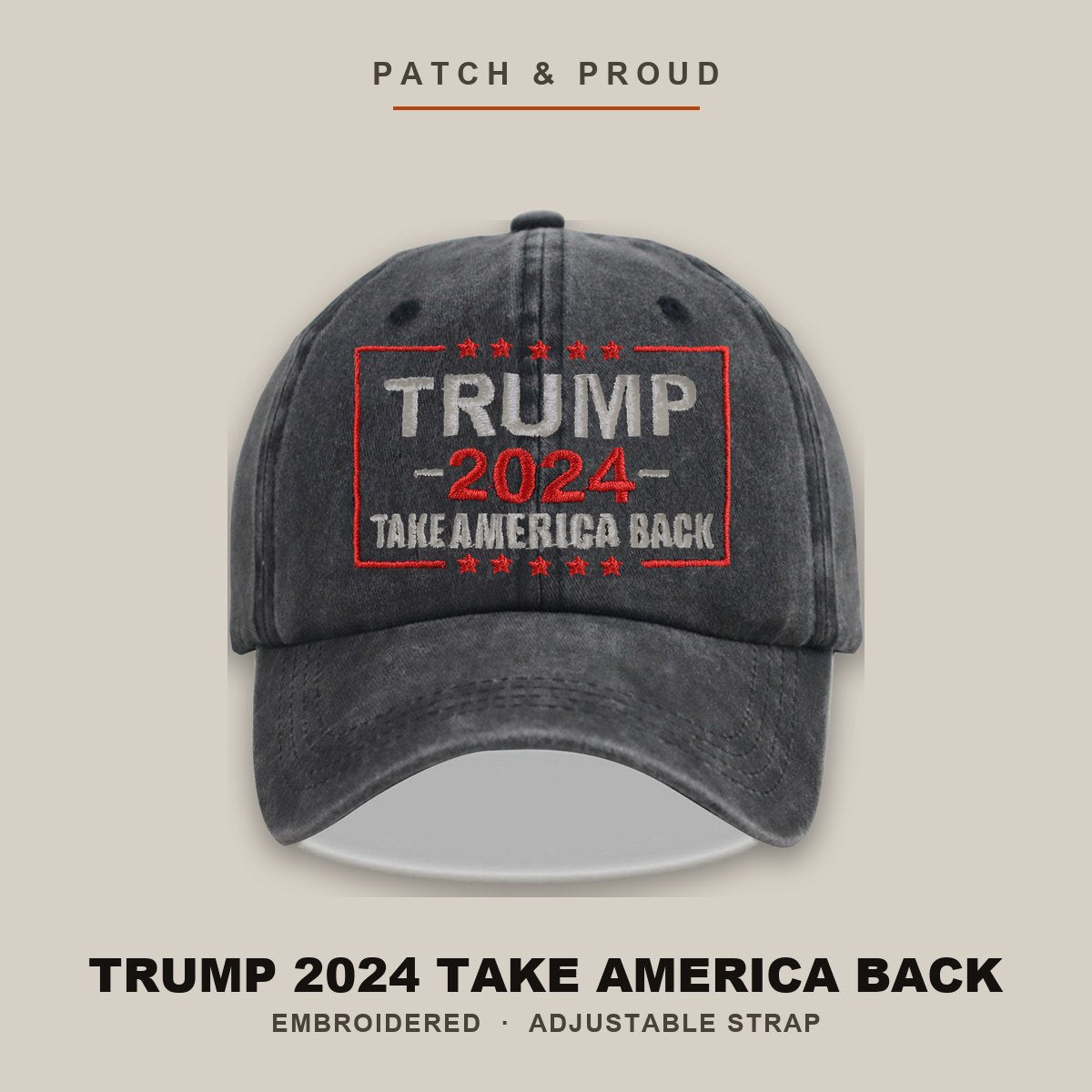 Trump 2024 Take America Back Embroidered Cap - Black - shown on a canvas backdrop