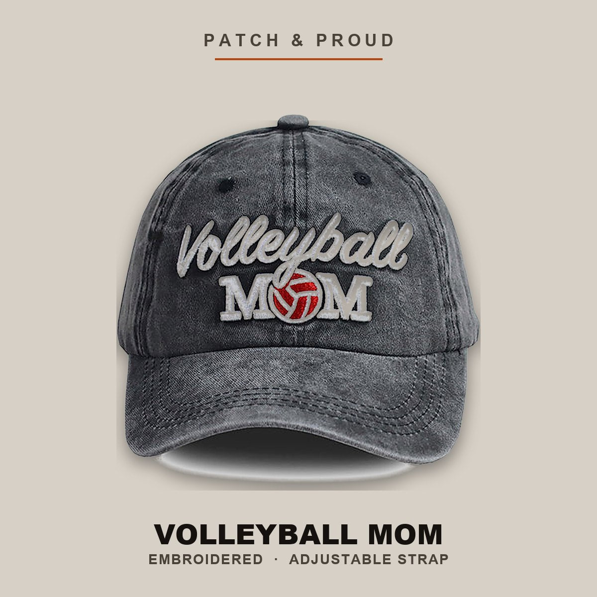 Volleyball Mom Embroidered Cap - shown on a canvas backdrop