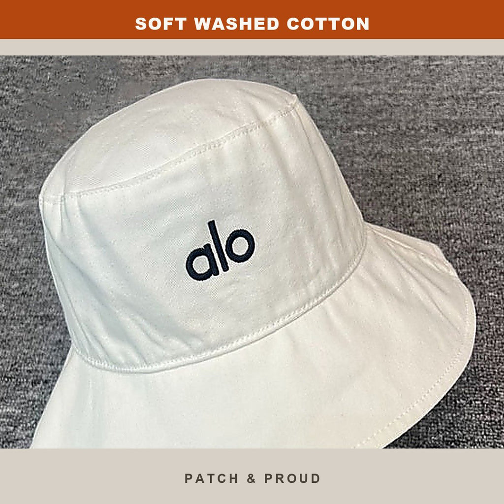 Washed Cotton Bucket Hat - White - close-up of the front design