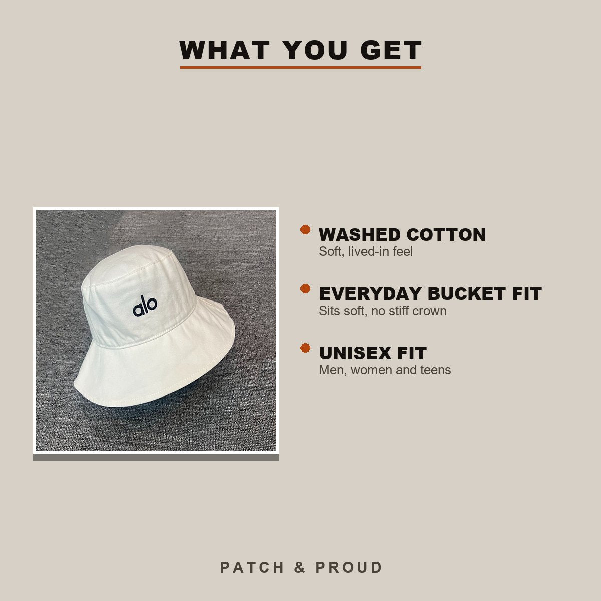 Washed Cotton Bucket Hat - White - features and fit